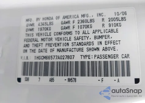 2007 Honda Accord 3.0 Ex from USA, damaged, VIN 1HGCM66577A027807